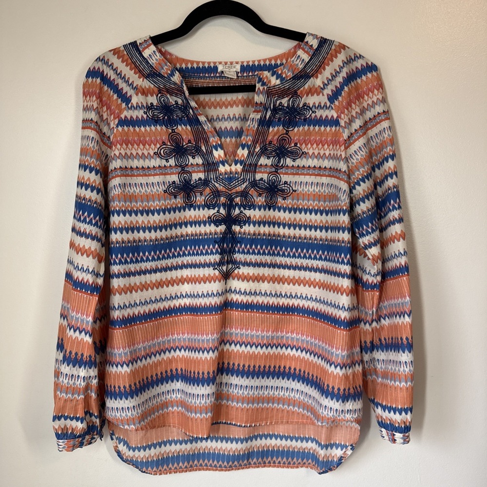 J Crew Top Womens Blouse Embroidered Size S Long Sleeve Tunic‎ Coastal Casual
